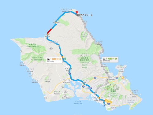 ハワイ ノースショア カフクファーム 地図 行き方 KAHUKU FARM MAP